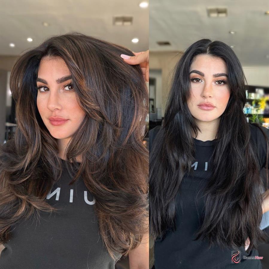 Dunkle Langhaarfrisur mit warmen Lichtreflexen Schwarzes gestuftes Haar mit braunen Highlights